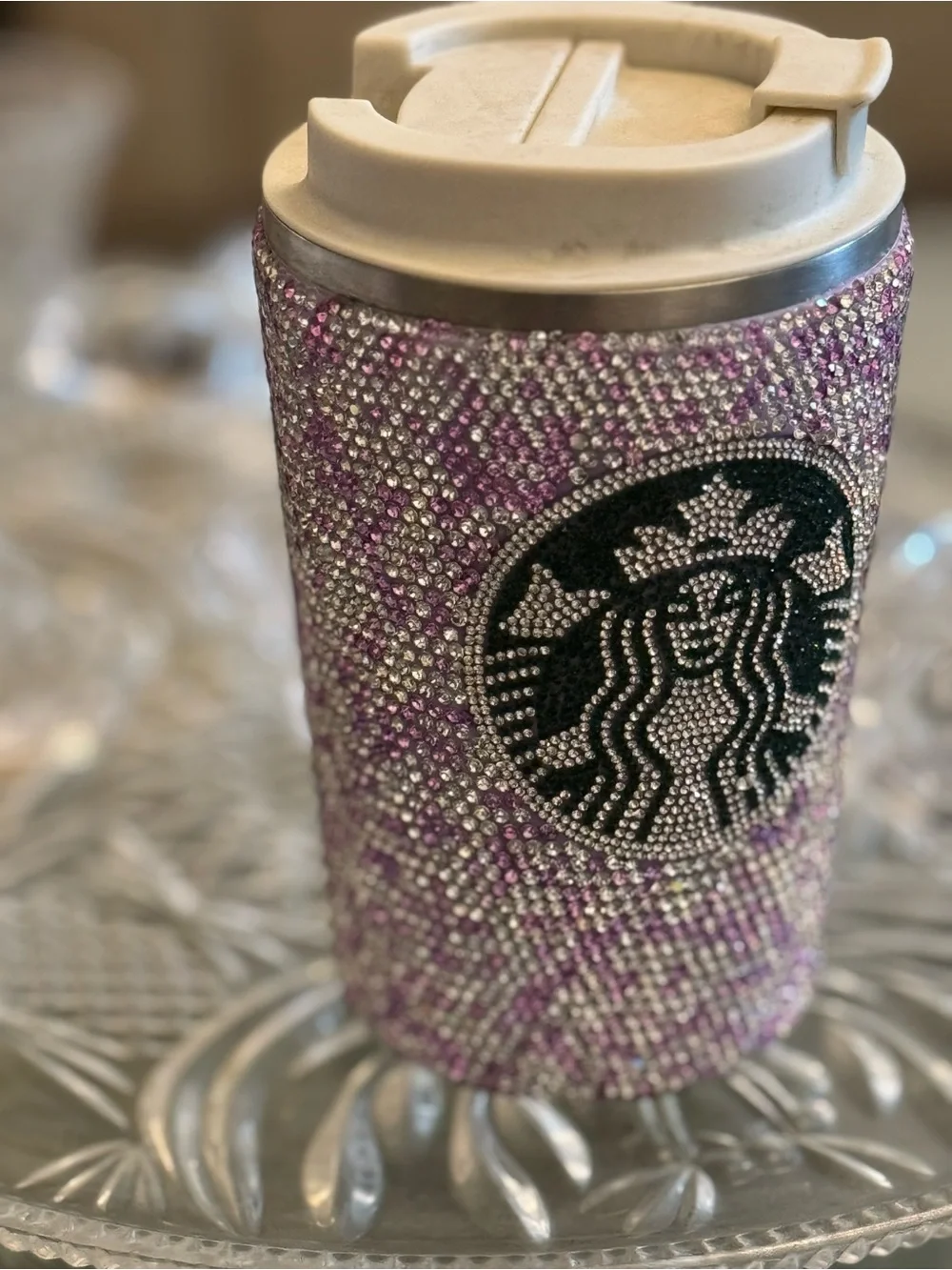 Ideal !Sparkling purple white Rhinestone crystal temp temp check Travel Tumbler
